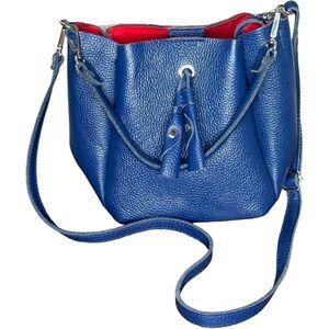 Vera Pelle Italy Soft Pebble Leather Blue Bucket Crossbody Satchel Bag